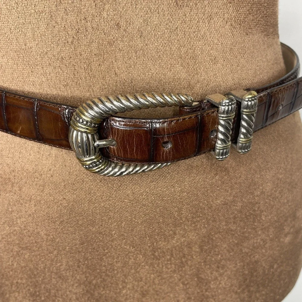 Fossil 90s Western Belt Brown Croc Leather Embossed  2-Tone Buckle Size Small - Picture 5 of 14